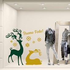 NT0027 Adesivi Murali - Renne con fiocchi di neve - Vetrofanie natalizie - 110x120 cm - Verde scuro e oro - Decorazioni vetrine per Natale, stickers, adesivi