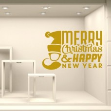NT0308 Adesivi Murali Vetrofania natalizia "Auguri con occhiali" - Misure 100x65 cm - oro - Vetrine negozi per Natale, stickers, adesivi