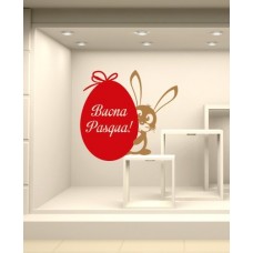 VT0354 Adesivi Murali Vetrofania pasqua "Coniglietto con uovo" - Misure 86x80 cm - nocciola e rosso - Vetrine per negozi, stickers, vetrinistica