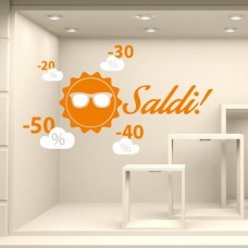 Adesivi Murali Vetrofania saldi - Saldi Sole - Misure 100x57 cm - arancio e bianco - Vetrine negozi per saldi, stickers, adesivi
