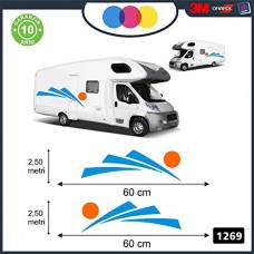 2 -ADESIVI - CELESTE - GIALLO - DECORATIVI PER AMBEDUE LE FIANCATE -SOLE -TRIANGOLI - PER CAMPER, FURGONI E VAN - Cod. 1269