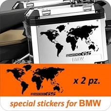 2 ADESIVI BMW - PLANISFERO MONDO - SCTITTA PICCOLA - R1200 GS - PER BAULETTO - BMW - MOTO - TRAVEL- TRAVELER - NERO