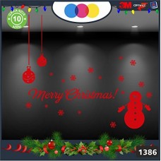Vetrofanie natalizie - SCRITTA MERRY CHRISTMAS CON PUPAZZO DI NEVE \ COLORE:ROSSO - DECORAZIONI NATALIZIE XMAS - STICKERS , decal ,addobbi , natale , christmas Cod 1386-1