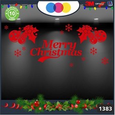 Vetrofanie natalizie - SCRITTA MERRY CHRISTMAS AGRIFOGLIO E PALLE DI NATALE \ COLORE:ROSSO - DECORAZIONI NATALIZIE XMAS - STICKERS , decal ,addobbi , natale , christmas Cod 1383-1