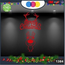 Vetrofanie natalizie - RENNA CARTOON, SCRITTA MERRY \ COLORE:ROSSO - DECORAZIONI NATALIZIE XMAS - STICKERS , decal ,addobbi , natale , christmas Cod 1384-1