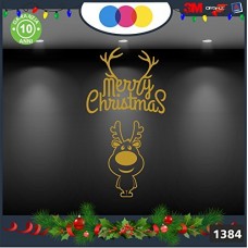 Vetrofanie natalizie - RENNA CARTOON ,SCRITTA MERRY CHRISTMAS \ COLORE:ORO - DECORAZIONI NATALIZIE XMAS - STICKERS , decal ,addobbi , natale , christmas Cod 1384-2