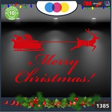 Vetrofanie natalizie - SCRITTA MERRY CHRISTMAS , CON SLITTA E RENNE \ COLORE:ROSSO - DECORAZIONI NATALIZIE XMAS - STICKERS , decal ,addobbi , natale , christmas Cod 1385-1