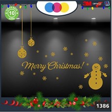 Vetrofanie natalizie - SCRITTA MERRY CHRISTMAS CON PUPAZZO DI NEVE\ COLORE:ORO - DECORAZIONI NATALIZIE XMAS - STICKERS , decal ,addobbi , natale , christmas vetrofania per feste di natale Cod 1386-2